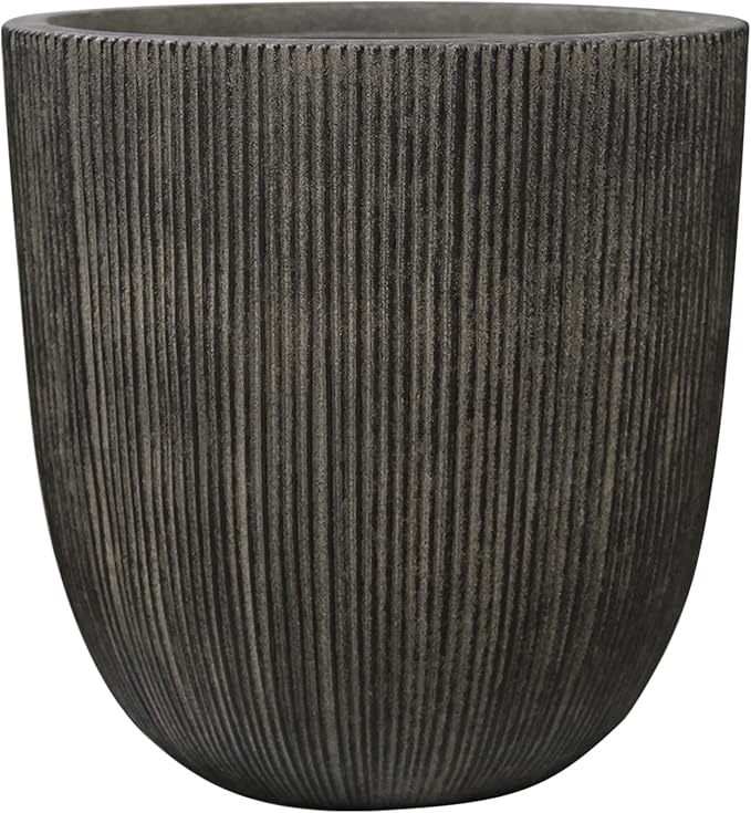 Vintage Black Faux Cement Ribbed Planter, 14.8"H Tall Tapered Egg-Shaped Plastic Plant Pot with Drainage Hole & Plug, Large Modern Indoor Outdoor Flower Pot for Home, Garden, Patio and Houseplants