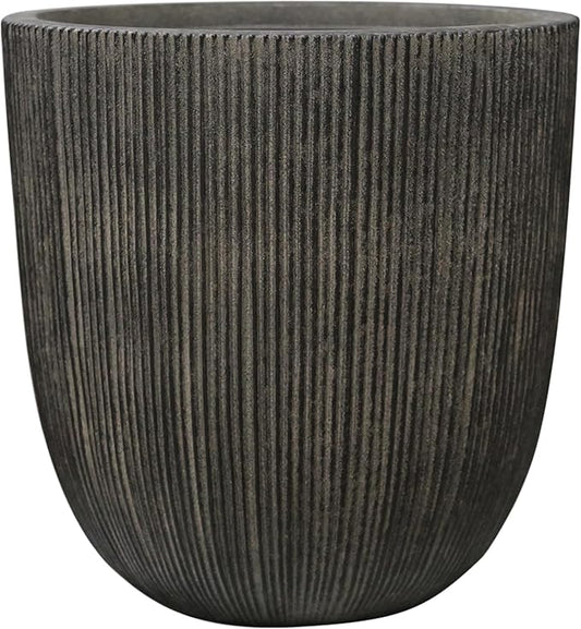 Vintage Black Faux Cement Ribbed Planter, 14.8"H Tall Tapered Egg-Shaped Plastic Plant Pot with Drainage Hole & Plug, Large Modern Indoor Outdoor Flower Pot for Home, Garden, Patio and Houseplants