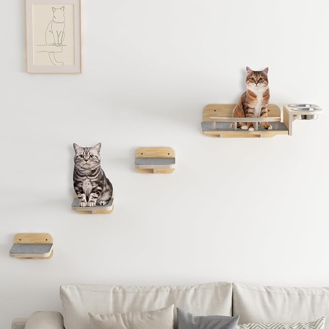 Meidok Cat Wall Furniture,Cat Wall Shelves,Dog Proof Cat Feeding Station with 3 Wide Wall Steps and 2pices 304 Stainless Steel Bowl Cat Feeding Shelf for Cats up to 25 Lbs - Wood Color
