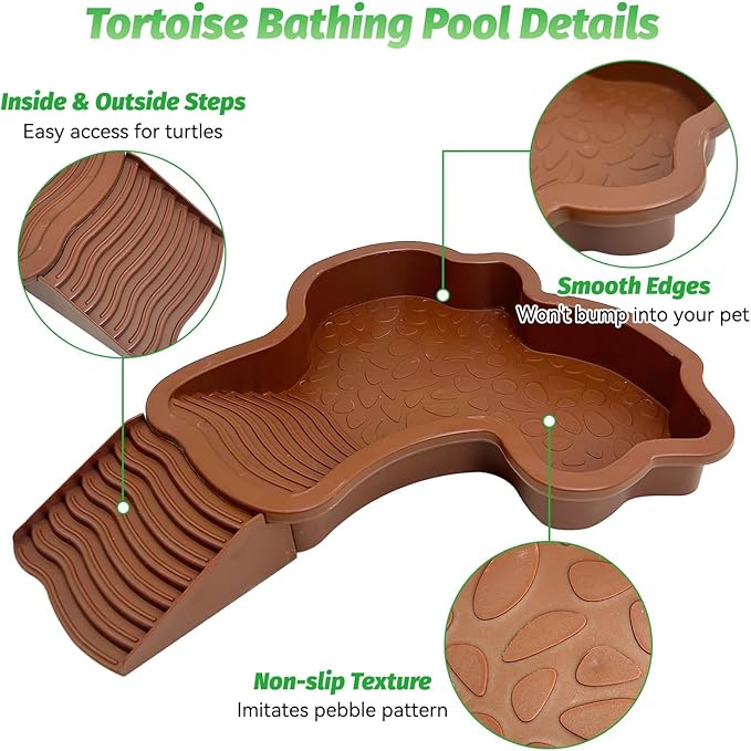 PINVNBY Large Reptile Bathing Pool Tortoise Water Dish with Removable Ramp and Leaf Reptile Food Dish & Water Bowl Tortoise Habitat Accessories for Turtle Lizard Gecko Snake (Red)