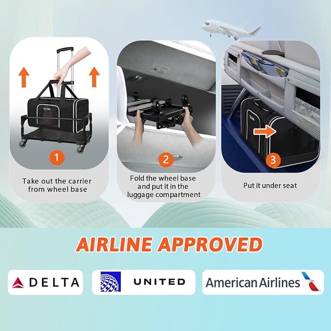 Small Pet Carrier 18"x11"x11" with Wheels Airline Approved, Black | for Delta/American/United Airlines, Lockable Safety Zippers and Anti-Scratch Mesh, Pets Under 10 lbs