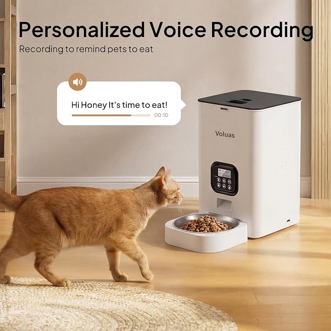 VOLUAS Automatic Cat Feeder, 6L Timed Dry Food Dispenser for Cats & Dogs | Programmable Portion Control, Up to 4 Meals Daily, Dual Power Supply, Power-Off Memory, 10-Second Voice Recorder