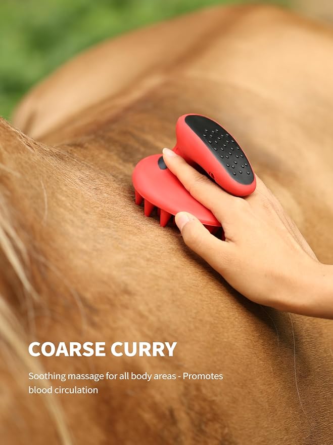 Harrison Howard Horse Grooming Kit 9 Piece with Tote Bag, Non-Slip Horse Brush Set for Shedding, Bathing, Hoof Care, Mane & Tail Grooming, Equine Grooming Supplies Red
