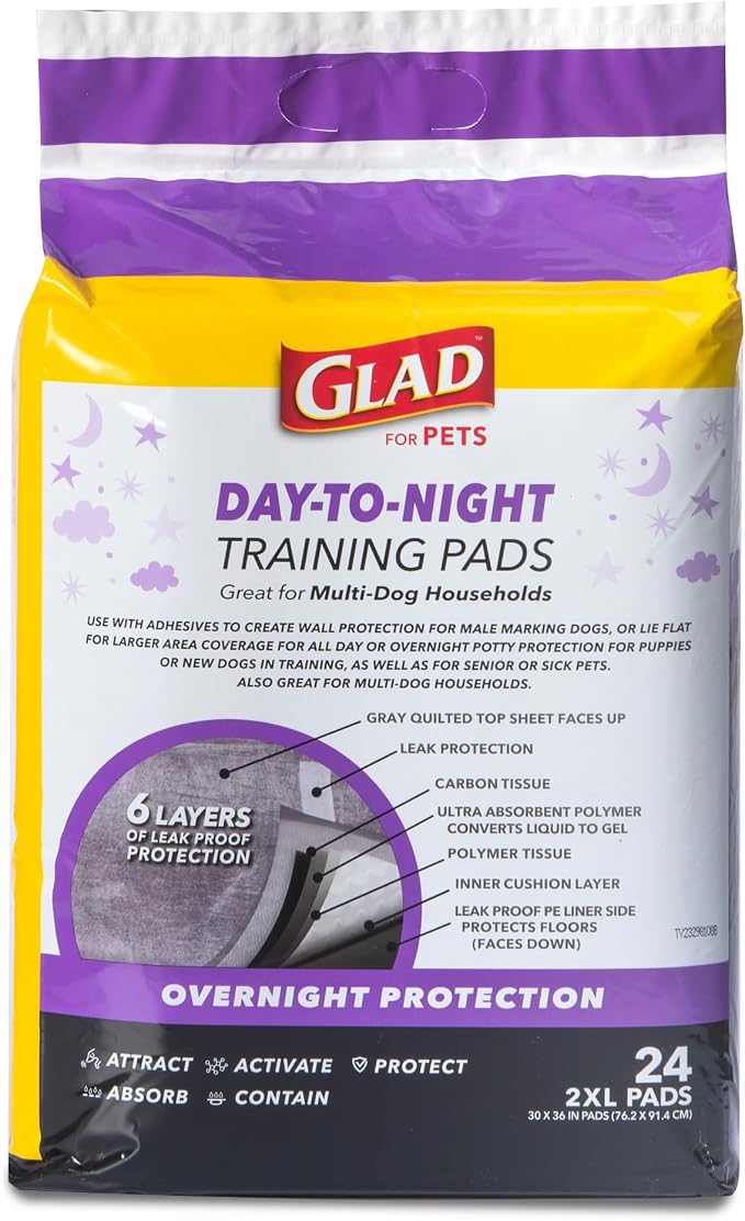 Glad for Pets Giant Activated Carbon Training Pads, 30 x 36 In, 24 Ct, 6-Pk | Adhesive backing and wall protection for leak-proof, super-absorbent day-to-night coverage