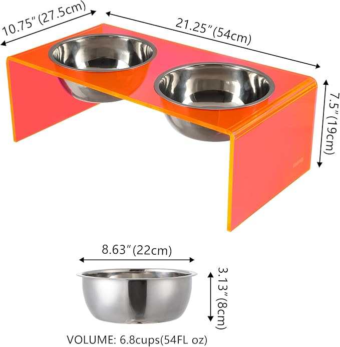 DBL2001E Keaton 7.5" Medium/Large Modern Acrylic Rectangular Elevated Pet Feeder with 54oz 2-Stainless Steel Bowls, Pink/Chrome