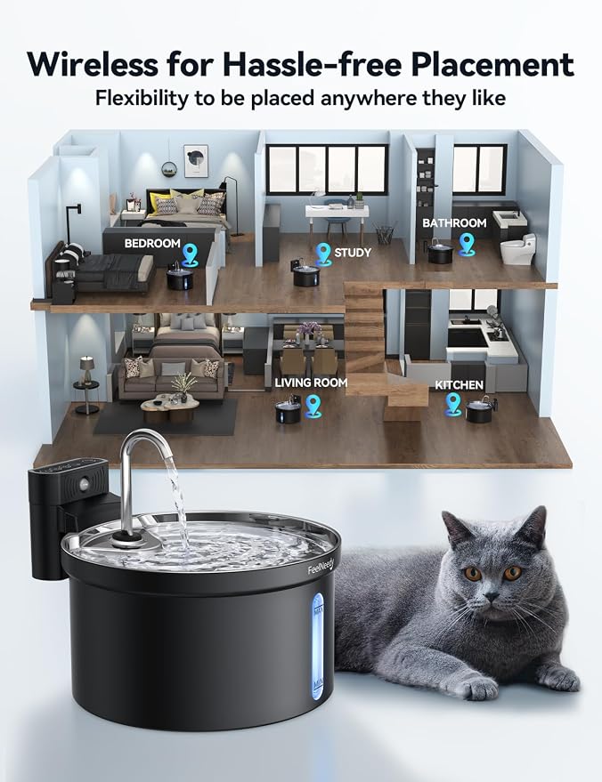 Wireless Cat Water Fountain [Water & Battery Separation] FEELNEEDY 4000mAh Battery Operated Cat Fountain, Cordless Pet Fountain with Motion Sensor for Cats Dogs-3.5L/118oz