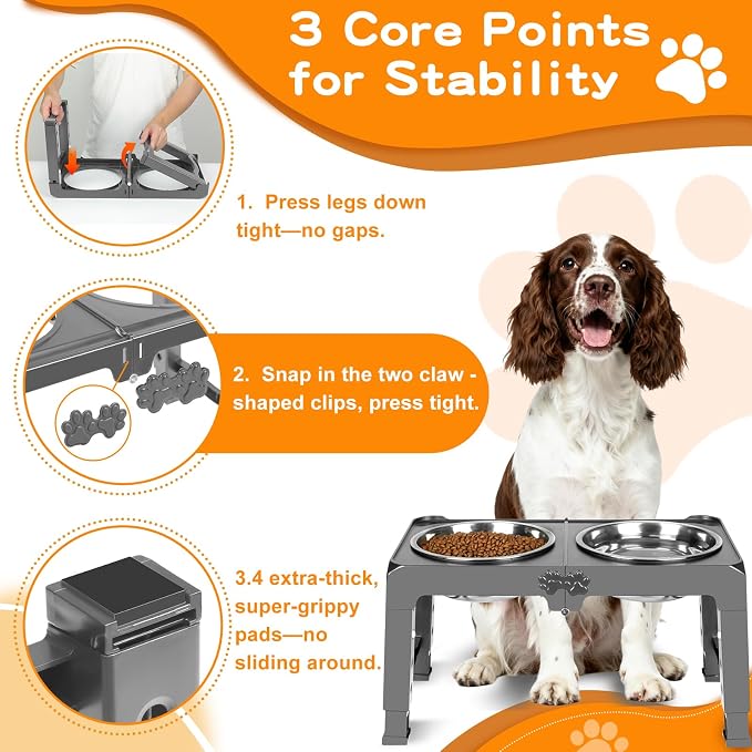 COMESOON Elevated Dog Bowls, 5 Adjustable Heights (3.9"-13.4") Raised Dogs Food Bowl Stand for Medium Large Sized Dogs, Non-Slip Foldable Travel Pet Feeder Grey with Stainless Steel Bowls