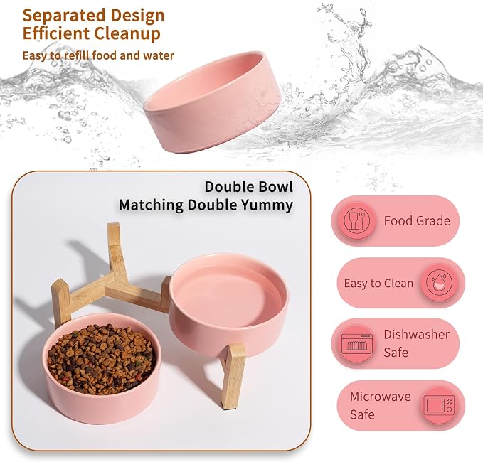 Elevated Ceramic Dog Bowl, 2 Cups Dog Food and Water Bowl Set with Stand | 5.1'' Double Dog Feeding Dishes, Non-Slip Raised Dog Feeder for Cats and Puppies, 16.23 OZ / 480 ML, White