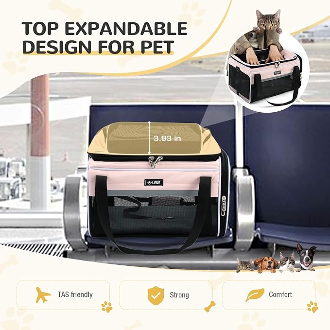 Lekereise Top-Expandable Pet Carrier 17x11x9.5 Inch Alaska Hawaiian Airline Approved Soft Sided Underseat with Locking Safety Zippers Anti-Scratch Mesh