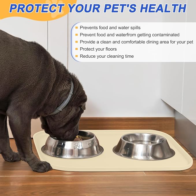 SMILOOL Silicone Pet Food Mat with Raised Edge for Food and Water Bowl, Dog Feeding Mats, Cat Food Trays for Floor Waterproof, Rubber Tray for Dogs and Cats, 22 x 14 x 0.8 White Sand(Yellow Cast)
