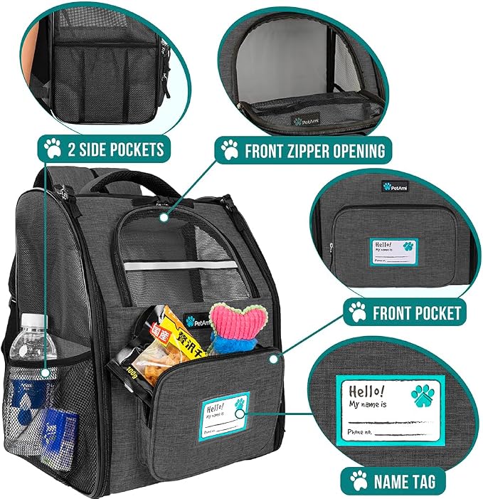 PetAmi Dog Backpack Carrier for Small Medium Dogs Large Cats up to 18 lbs, 2 Side Entry, Structured No-Collapse Frame, Airline Approved Ventilated Pet Backpack for Hiking Camping Travel, Charcoal