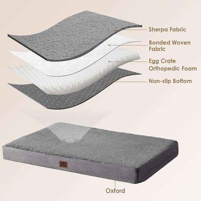 EHEYCIGA Orthopedic Dog Bed with Removable Washable Cover, Grey, 30x20 | Egg Crate Foam Support, Durable Oxford fabric, Non-Slip Bottom, Machine Washable, Soft Waterproof Plush Pet Bed Mat For Crate