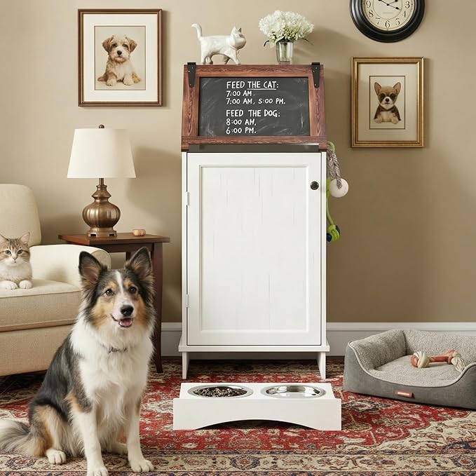 White 38.4" H Dog Feeding Station with Storage | Pet Food Storage Cabinet with 2 Elevated Bowls,Hooks,Hidden Dog Feeding Organizer for Cats and Dogs