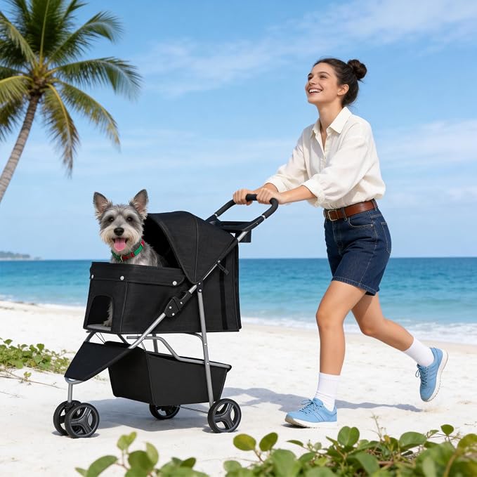 BestPet | 3-Wheel Pet Stroller | Dog and Cat Stroller | Breathable Mesh | Lightweight Travel Carrier | Waterproof & Foldable Design | Storage Basket | Black | for Daily Walks & Outdoor Use | Breathable Mesh | Lightweight, Waterproof Travel Carrier with...