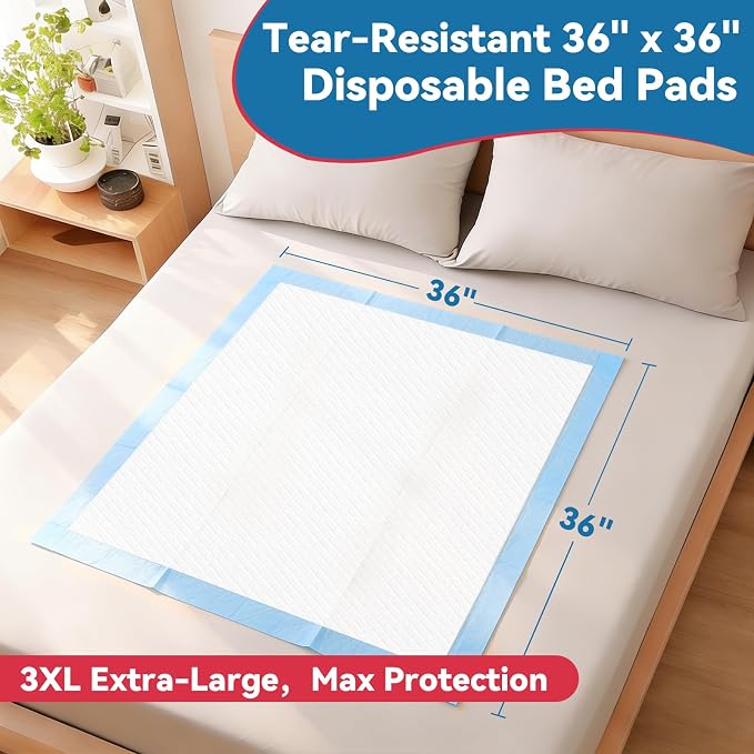 BIGGMED Tear-Resistant Disposable Bed Pads 36" x 36" 50 Count Super Absorbent Underpads, 3XL Extra Large Chux Pads, Thicker Incontinence Bed Pads for Adults, Kids, Elderly, Pee Pads