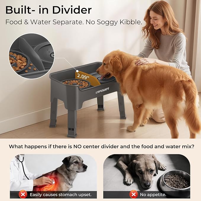 URPOWER Mess Proof Elevated Dog Bowls 4 Height Adjustable Raised Stand | No Spill Water Bowl, Slow Feeder Dog Bowls, Non-Slip Food and Water Bowl Set for Small, Medium & Large Dogs