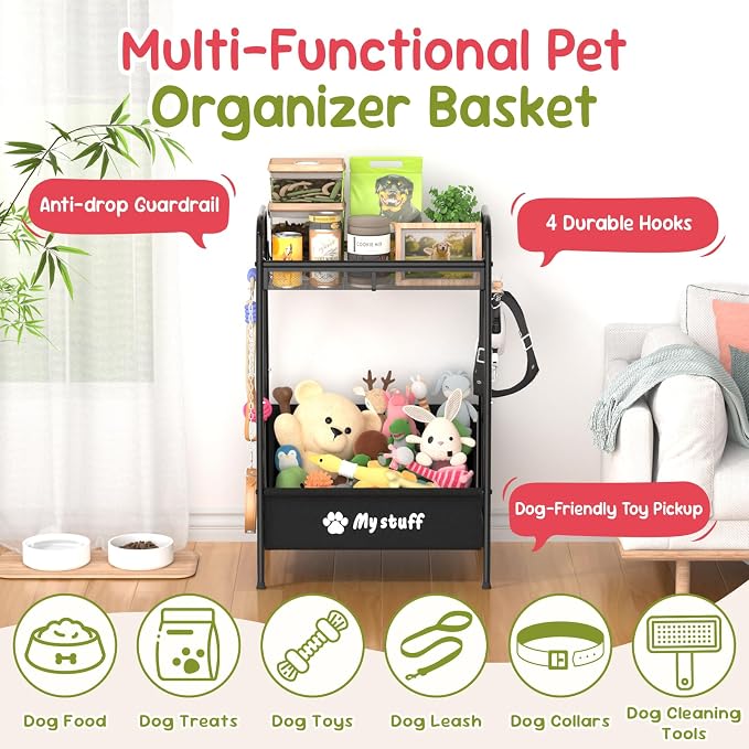 Kaiferty Medium Dog Toy basket, Toy Box for Dogs, Pet Toys Bin Dog Metal Wire Basket for Toys, Food Storage, Storage Organizer Chest Storage, Toy Box for Living Room Area (Black)