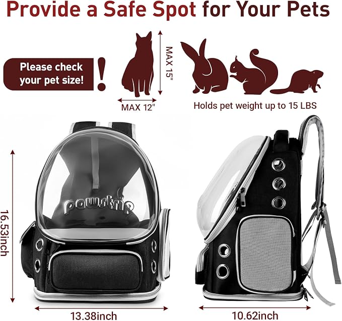 Cat Backpack Carrier Clear Bubble Window for Cats & Small Dogs up to 15 lb | Large Space Breathable Foldable Pet Carrier Airline Approved, Mesh Entry Safety Tether Washable Pad, Travel Hiking Outdoor