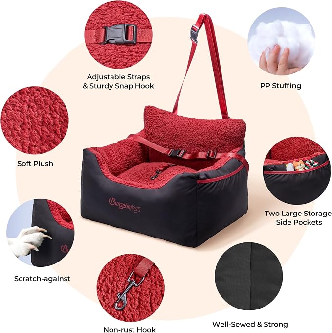 Dog Car Seat for Small Dogs & Cats Under 25 lbs, Black red