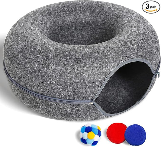 Large Cat Tunnel Bed for Indoor Cats with 3 Toys, Scratch Resistant Donut Cat Bed, Up to 30 Lbs (L 24x24x11, Dark Grey)
