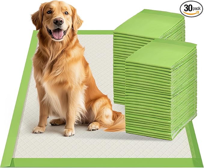 Gardner Pet Dog Pee Pads Extra Large 28"x34", XL Thicker ECO Green Disposable XLarge Puppy Training Pads Super Absorbent Full Edge-Wrapping Pad for Dogs, Puppies, Doggie, Cats, Rabbits-(30 Count)