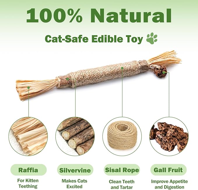 [10 Pack] Silvervine Sticks for Cats, Natural Chew Stick for Dental Care Teeth Cleaning, Cat nip Chew Rope Toys for Bored Indoor Kittens, Catmint Silvervine Blend Toys