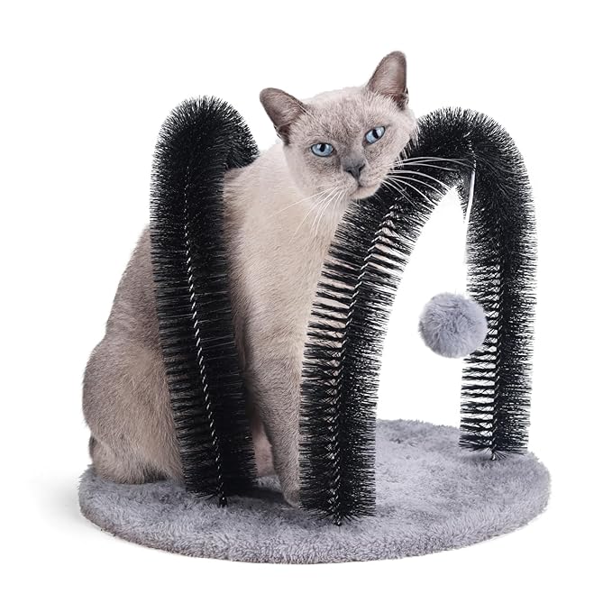 Cat Arch Self Groomer Massager, Kitty Grooming Brush with 2 Brushes and Heavy Plush Base, Cat Face and Back Scratchers, Rubbing Post for Indoor and Outdoor Cats with 2 Plush Balls