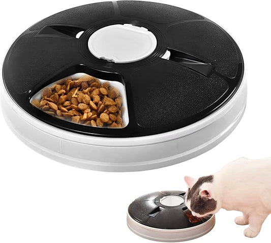 Automatic Cat Feeder, 6-Meal Timed Pet Food Dispenser, Programmable Portion Control Automatic Pet Feeder for Dogs, Dry & Semi-Wet Food, Easy-Clean Tray