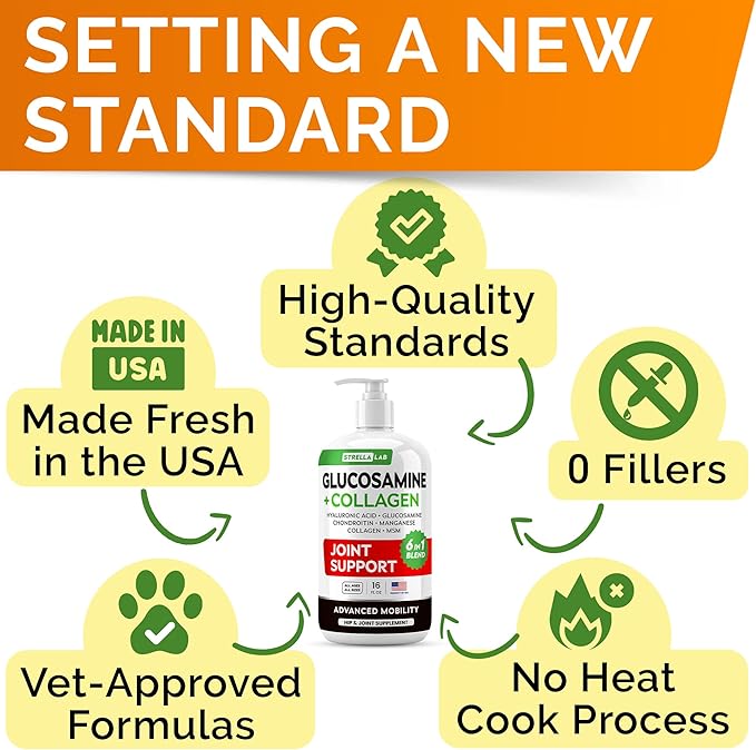 STRELLALAB Liquid Glucosamine for Dogs w/Collagen (16 OZ) - All-Natural Hip & Joint Supplement, Glucosamine Chondroitin for Dogs, MSM & Collagen Mobility, Joint Pain Relief for Small & Large