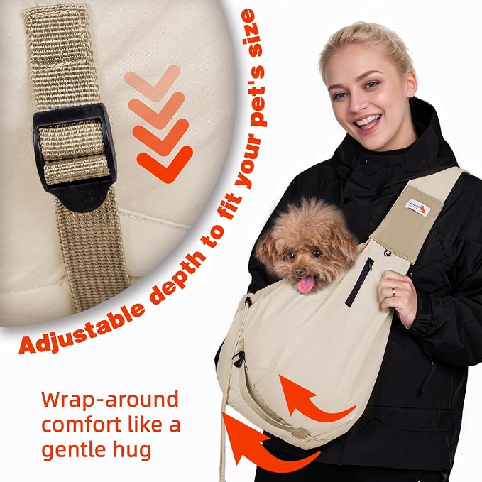 Dog Carrier Sling, Dog Carriers for Small Dogs Up to 20lbs, Beige | Puppy Sling, Cross Body Carrying Bag, Soft Front Pouch, Adjustable Shoulder Strap, Breathable Mesh Pet Backpack for Hiking