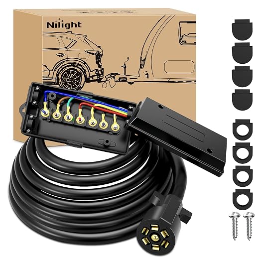 Nilight Heavy Duty 7 Way Inline Trailer Plug with 7 Gang Junction Box | Weatherproof 16 Feet Connector Cable Wiring Extension Harness Suitable for RV Automotives Cars