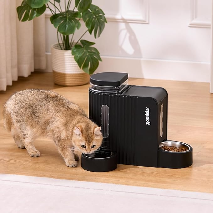 Gravity Cat Feeder and Water Dispenser with 304 Stainless Steel Bowls, 2 in 1 Automatic Cat Feeder with 180 Degree Rotatable Water Bowl, Large Capacity for Puppy Kitten Rabbits, Black