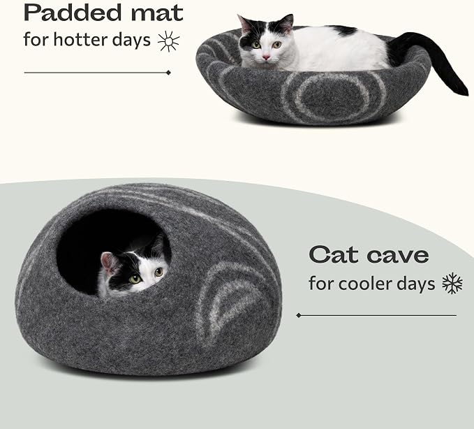Cat Cave – Premium Felt Cat Bed Enclosure for Indoor Cats, Handmade Merino Wool (Dark Grey, Large)