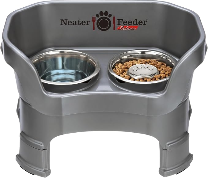 Neater Feeder Deluxe Mess-Proof Elevated Dog Bowls for Medium Dogs (19–40 lbs), 2 Height Adjustable (10” & 12.5”) No-Spill Raised Dog Bowl Stand w/Slow Feed Bowl for Food, Made in USA, Grey