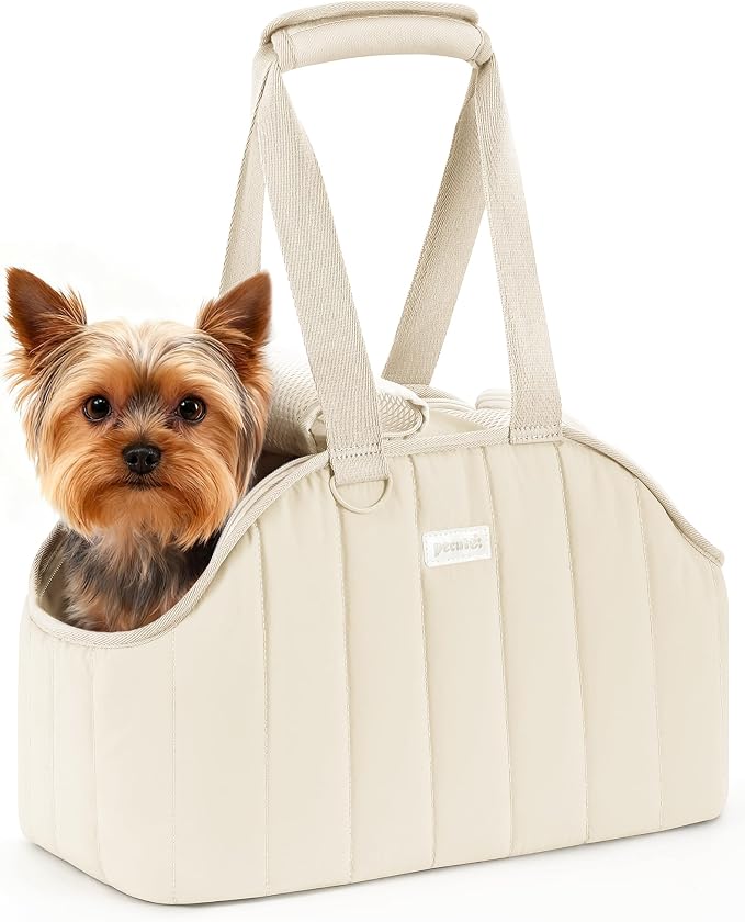 Pecute Dog Purse Carrier, Lightweight Dog Carriers for Small Dogs,Cream | Breathable mesh,Foldable,Paper-textured fabric is water-repellent,Built-in safety rope,Machine washable,Under 6.6lbs