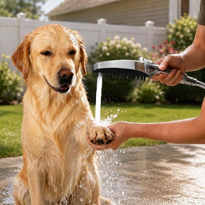 G-Promise 3 Mode Dog Wash Shower Attachment with Pause Mode for Outdoor Use | High Pressure, with Pause Mode, Built-In Brush for Wash & Groom, Extra Long Hose, Easy Install