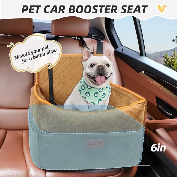 HEGGCOOE Dog Car Seat for Small Medium Dogs, Memory Foam Dog Booster Seats with Thick Cushion for Dogs Under 35lbs, Detachable Washable Pet Car Seat Travel Bed with Storage Pockets,2 Safety Belt