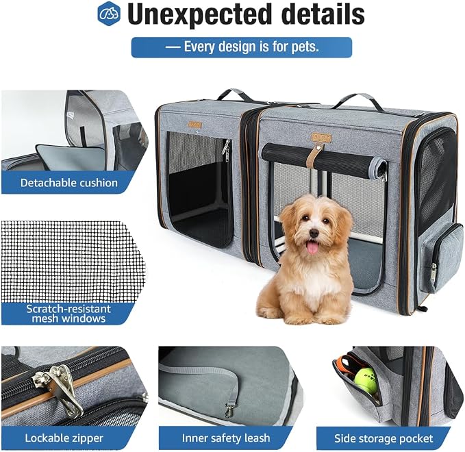 Lekereise Large Cat Carrier for 2 Cats, 2-in-1 Cat Travel Carrier with Litter Box, (17.7" x2) x16.5"x13" Pet Carrier with Zipper Locks for Moving Across The Country (No Hammock) - Grey