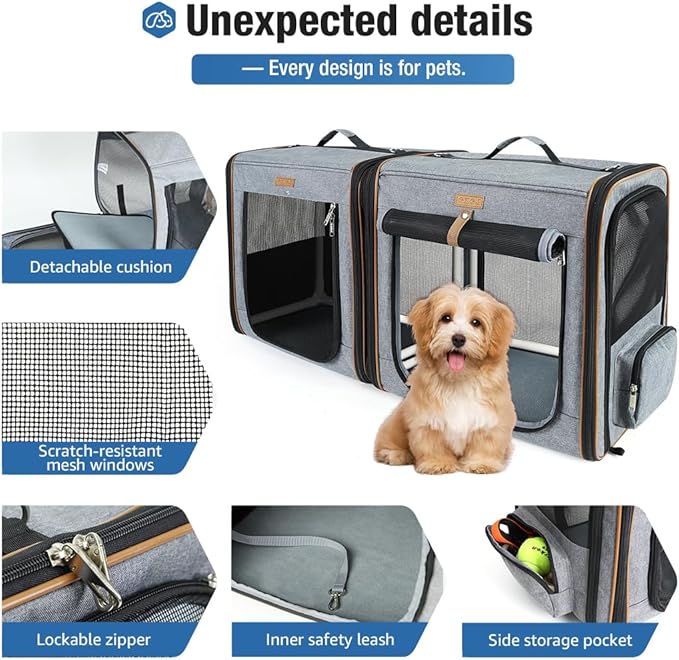 Lekereise Extra Large Cat Carrier for 2 Cats, 2-in-1 Cat Travel Carrier with Litter Box, (20.85" x2) x19.7"x19.7" Pet Carrier with Zipper Locks for Moving Across The Country (No Hammock) - Grey