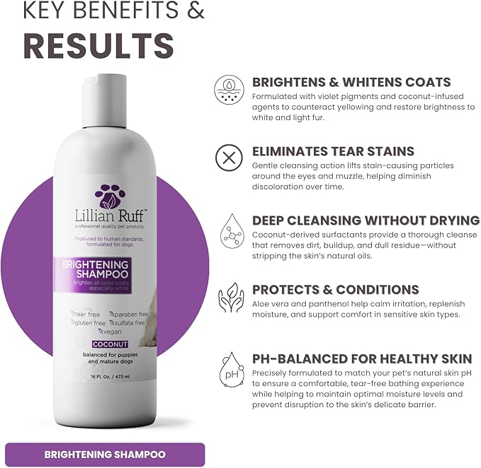 Lillian Ruff PRO Formula Ultra Brightening Dog Shampoo - Professional Whitening & Long-Lasting Odor Eliminator - Removes Stains & Discoloration, Dry Skin & Itch Relief with Aloe & Provitamin B5 (16oz)