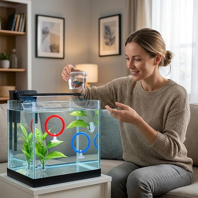 Betta Fish Tank Accessories and Toys, 7 Piece Betta Enrichment Set with Exercise Rings and Plants, Mental Stimulation and Stress Reduction for Betta Fish, Betta Toys