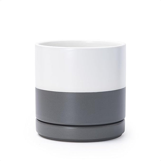D'vine Dev 6.5 Inch Ceramic Planter Pot, White/Grey, 94-O-C-6 | Modern Cylinder Design, Drainage Hole & Saucer Included, Stable Structure, Elegant Home Accent