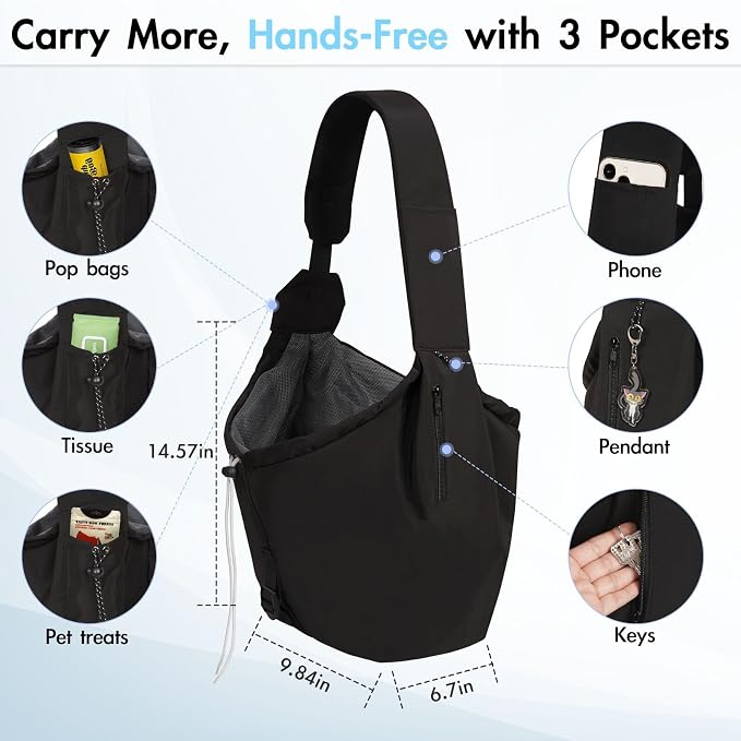 Dog Carrier Sling, Puppy Carrier Sling 20 lbs, Black | Dog Carriers for Small Dogs & Cats With Pockets, Machine Washable, Adjustable Shoulder Strap, Hands Free for Outdoor Use