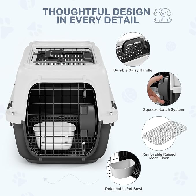 22.5" Hard-Sided Pet Carrier for Small Dogs & Cats, Plastic Cat Carriers | Front & Top Door Access, Ventilation Design, Feeding Bowl Included, for Camping & Trips, for Small Pets up to 26 lbs, Gray