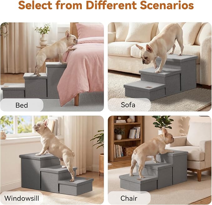 Zerbuger Dog Stairs with Storage, Small Grey 3 Steps Dog Ramp no Condo | 18" H Wider Dog Steps for High Beds Couch, Folding Storage Pet Stairs Gift for Climbing Small/Medium/Large Old Dogs Cats