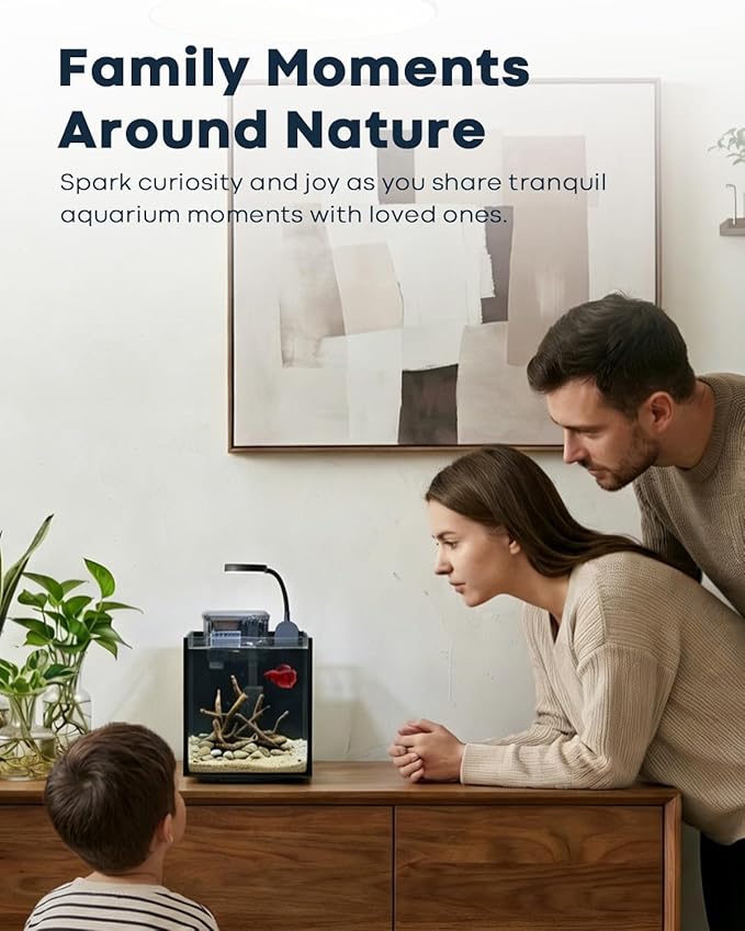 Desktop Small Aquarium Set Glass Fish Tank 1.25 Gallon, with Water Pump Filter Bright LED Light Gravel Cleaning Tool, Starter Kit Small Space Easy Setup Space-Saving Design Betta Shrimp