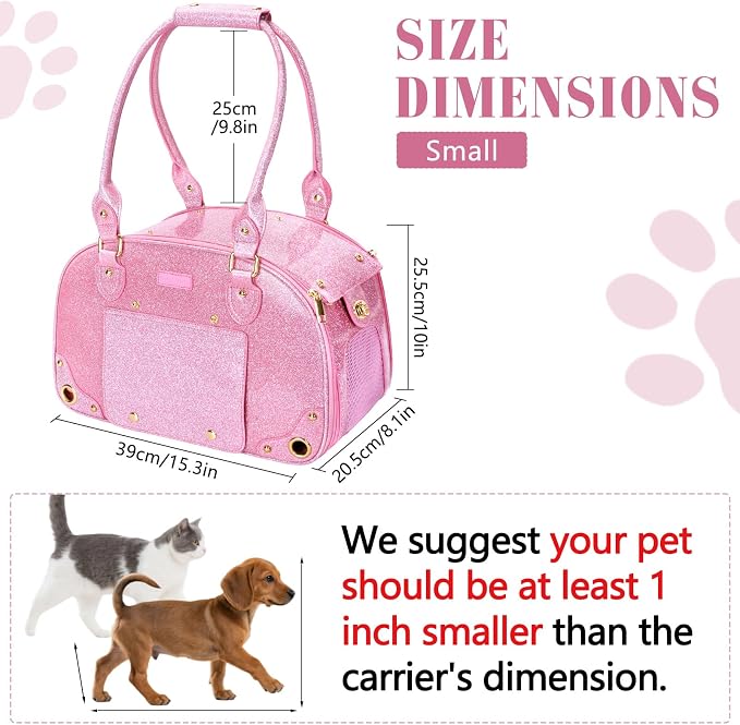 Dog Carrier Purse, Pet Carrier, Bling Waterproof Premium Leather Pet Travel Portable Bag Carrier for Cat and Small Dog Home & Outdoor Small Bling Pink