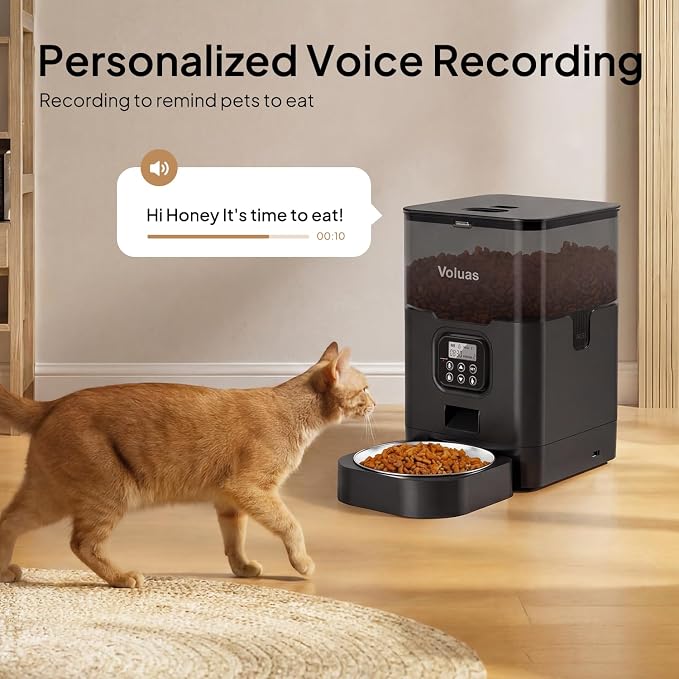 VOLUAS Automatic Cat Feeder, 4L Timed Dry Food Dispenser for Cats & Dogs | Programmable Portion Control, Up to 4 Meals Daily, Dual Power Supply, Power-Off Memory, 10-Second Voice Recorder