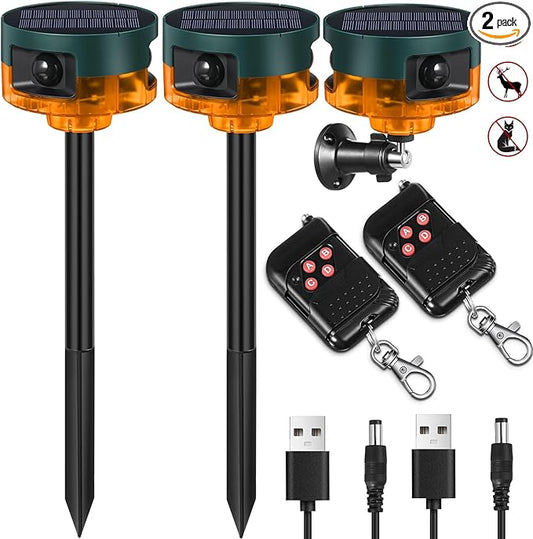 Qualirey 2 Pack Solar Outdoor Motion Sensor Alarm-Dog Barking&Gunshot Sound Support Recording Animal Deterrent for Home Security, 13 Kinds of Sounds (Yellow)