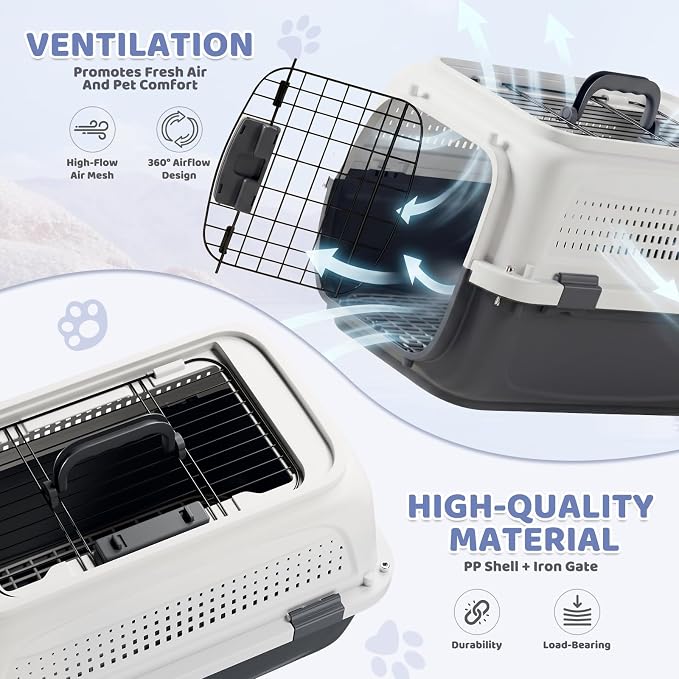 Magshion 22 Inch Hard-Sided Dog Cat Carrier, Grey | Top&Front Door Access, Plastic Dog Kennel for Traveling, Durable Handle, Ventilation, Detachable Pet Bowl, For Pet Up 26 lbs